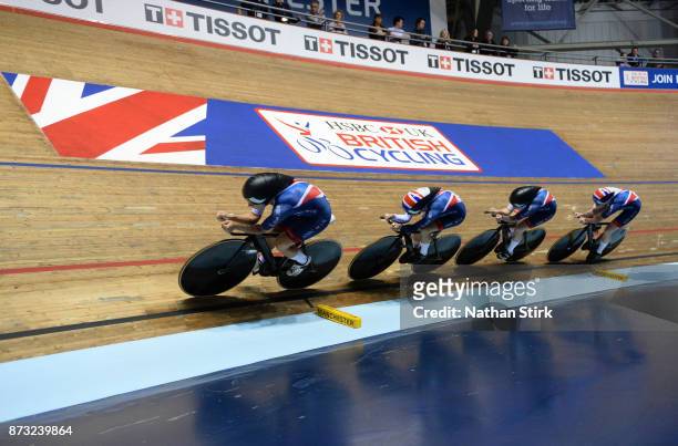 Emily Nelson, Elinor Barker, Neah Evans and Katie Archibald of Great Britain during the Women's Team Pursuit during the TISSOT UCI Track Cycling...
