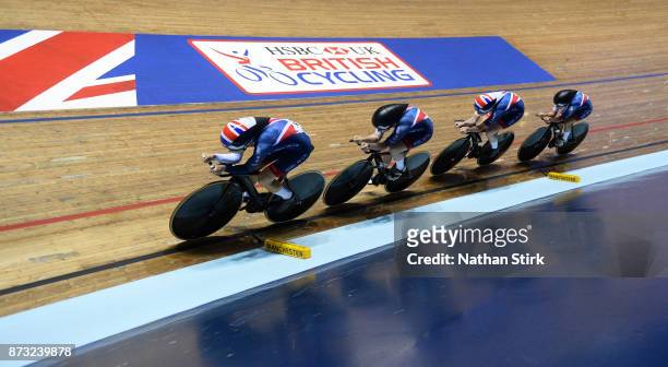 Emily Nelson, Elinor Barker, Neah Evans and Katie Archibald of Great Britain compete in the Women's Team Pursuit during the TISSOT UCI Track Cycling...
