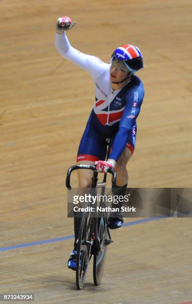 Sotirios Bretas of Great Britain celebrates after winning the Mens Keirin during the TISSOT UCI Track Cycling World Cup at National Cycling Centre on...