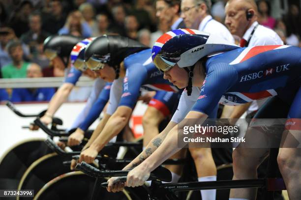 2Katie Archibald of Great Britain in the Women's Team Pursuit during the TISSOT UCI Track Cycling World Cup at National Cycling Centre on November...