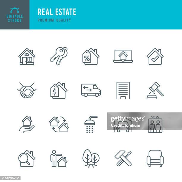 illustrazioni stock, clip art, cartoni animati e icone di tendenza di real estate - set di icone vettoriali a linea sottile - agente immobiliare