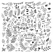 Set of doodles of florals, fruits, arrows, flowers, birds, thing