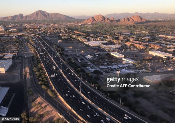 Aerial view of State Route 202, Red Mountain Freeway, near Phoenix Sky Harbor International Airport, Arizona. / AFP PHOTO / DANIEL SLIM