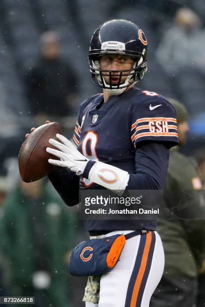 Quarterback Mike Glennon of the Chicago Bears warms up prior to the game against the Green Bay Packers at Soldier Field on November 12, 2017 in...