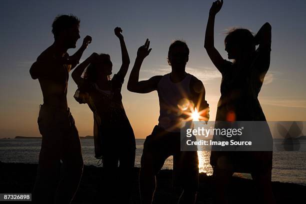friends partying on beach - beach party stockfoto's en -beelden