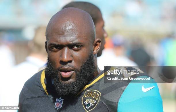 Leonard Fournette of the Jacksonville Jaguars warms up on the field prior to the start of their game against the Los Angeles Chargers at EverBank...