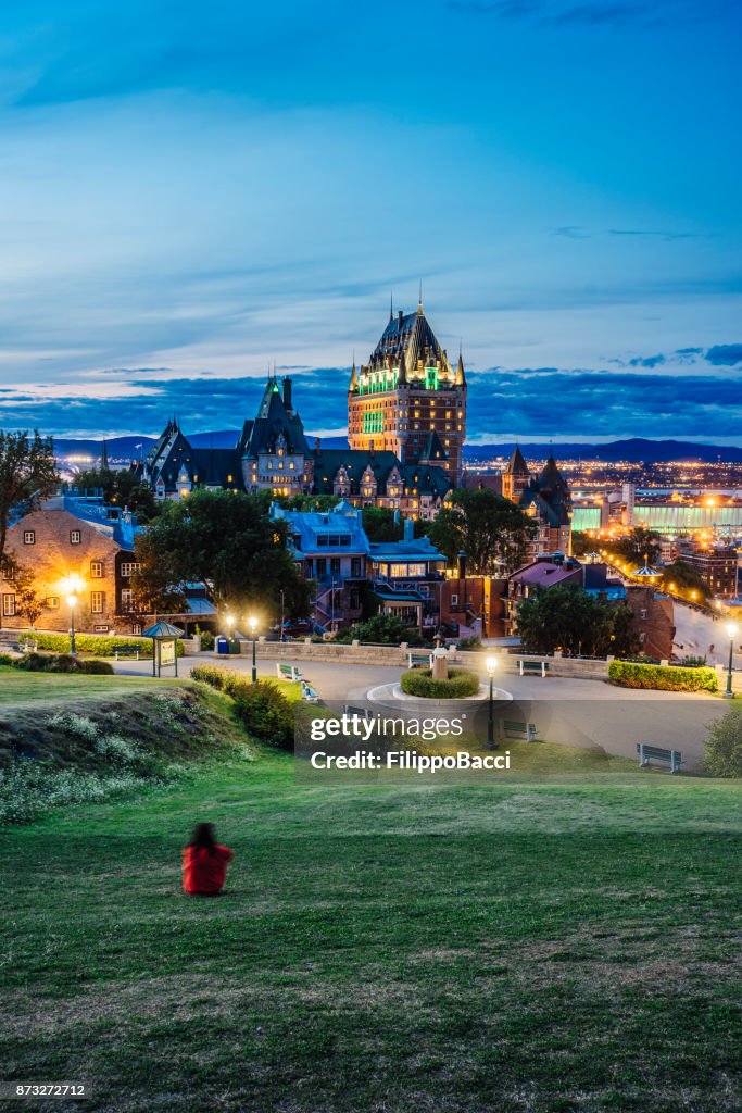 Quebec stad bij zonsondergang