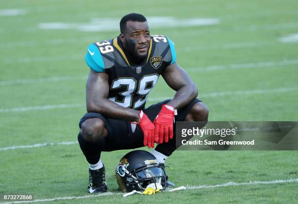 Tashaun Gipson of the Jacksonville Jaguars waits on the field prior to the start of their game against the Los Angeles Chargers at EverBank Field on...