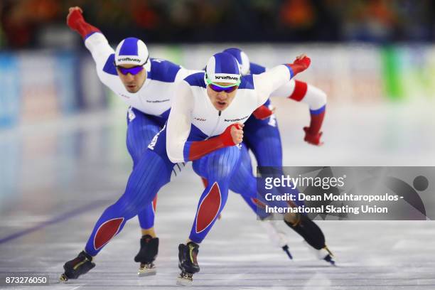Ruslan Murashov, Artyom Kuznetsov, and Aleksey Yesin of Russia compete in the Men's Team Sprint event on day three during the ISU World Cup Speed...