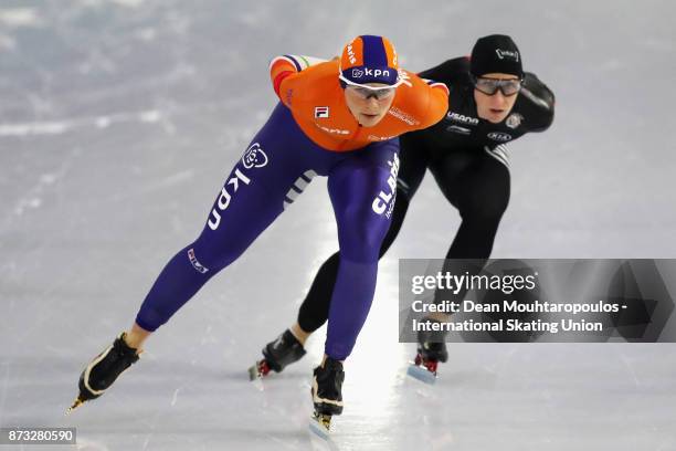 Ivanie Blondin of Canada and Irene Schouten of the Netherlands compete in the 3000m Womens race on day three during the ISU World Cup Speed Skating...