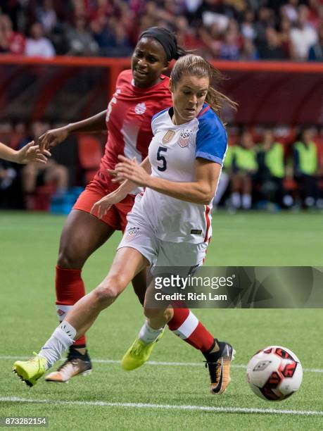 Kelley O'Hara of the United States runs with the ball during an International Friendly soccer match against Canada at BC Place on November 9, 2017 in...