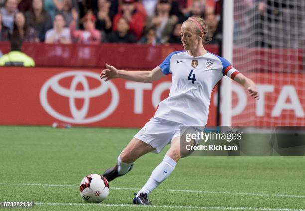 Becky Sauerbrunn of the United States kicks the ball during an International Friendly soccer match against Canada at BC Place on November 9, 2017 in...