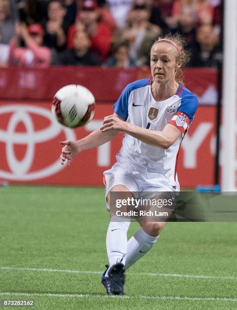 Becky Sauerbrunn of the United States kicks the ball during an International Friendly soccer match against Canada at BC Place on November 9, 2017 in...