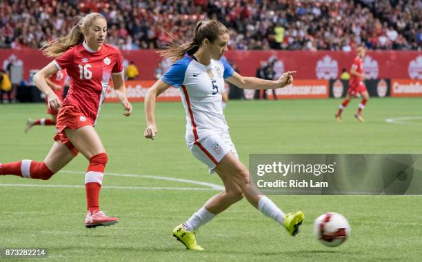 Kelley O'Hara of the United States kicks the ball during an International Friendly soccer match against Canada at BC Place on November 9, 2017 in...