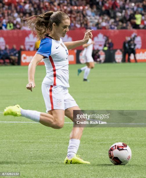 Kelley O'Hara of the United States kicks the ball during an International Friendly soccer match against Canada at BC Place on November 9, 2017 in...