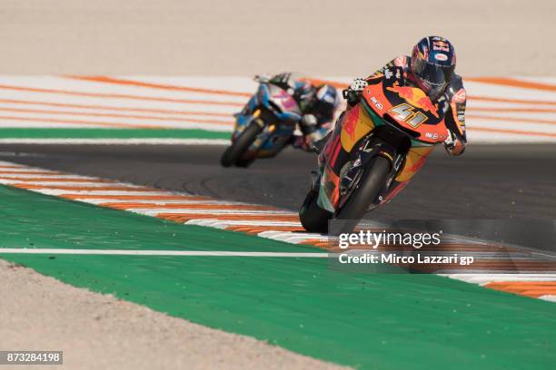 Brad Binder of South Africa and Red Bull KTM Ajo leads the field during the Moto2 race during the Comunitat Valenciana Grand Prix - Moto GP at...