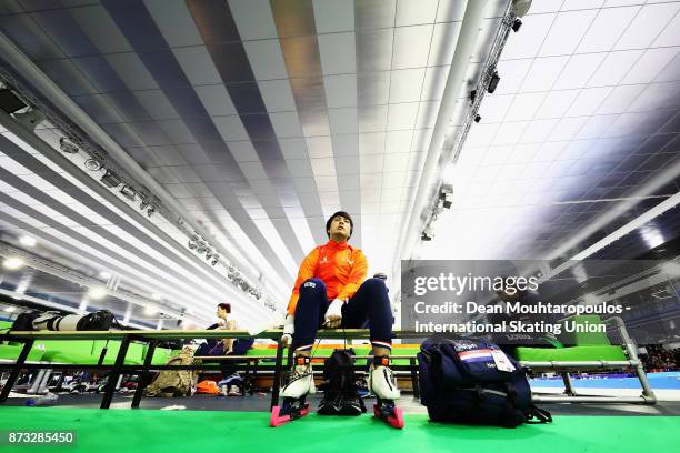 Kai Verbij of the Netherlands gets ready to compete in the Mens 1000m race on day three during the ISU World Cup Speed Skating held at Thialf on...