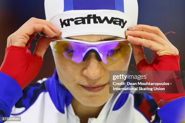 Yekaterina Shikhova of Russia gets ready to compete in the Womens 1000m race on day three during the ISU World Cup Speed Skating held at Thialf on...