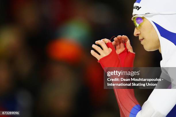 Yekaterina Shikhova of Russia gets ready to compete in the Womens 1000m race on day three during the ISU World Cup Speed Skating held at Thialf on...