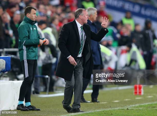 Michael O'Neill, Manager of Northern Ireland reacts during the FIFA 2018 World Cup Qualifier Play-Off: Second Leg between Switzerland and Northern...