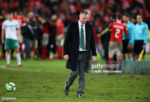 Michael O'Neill, Manager of Northern Ireland looks dejected following the FIFA 2018 World Cup Qualifier Play-Off: Second Leg between Switzerland and...