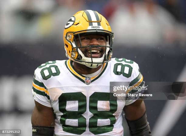 Ty Montgomery of the Green Bay Packers reacts after scoring a touchdown against the Chicago Bears in the second quarter at Soldier Field on November...