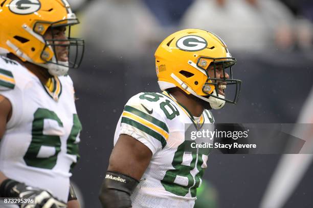 Ty Montgomery of the Green Bay Packers reacts after scoring a touchdown against the Chicago Bears in the second quarter at Soldier Field on November...