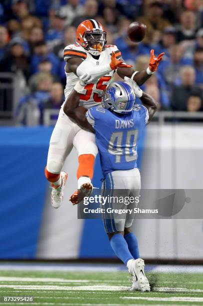 Jarrad Davis of the Detroit Lions breaks up a pass intended for David Njoku of the Cleveland Browns during the first half at Ford Field on November...