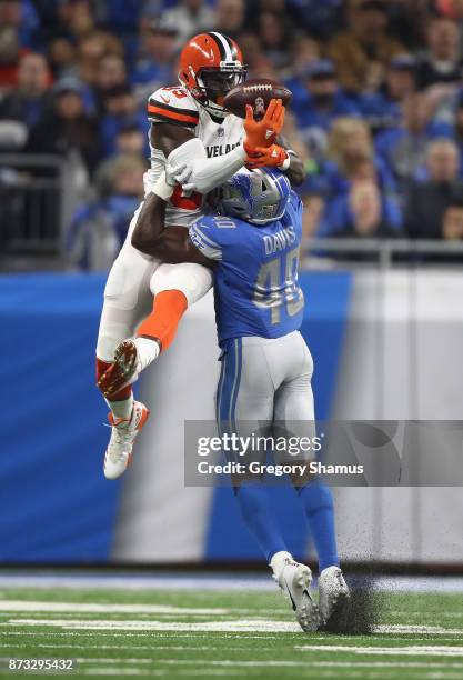 Jarrad Davis of the Detroit Lions breaks up a pass intended for David Njoku of the Cleveland Browns during the first half at Ford Field on November...