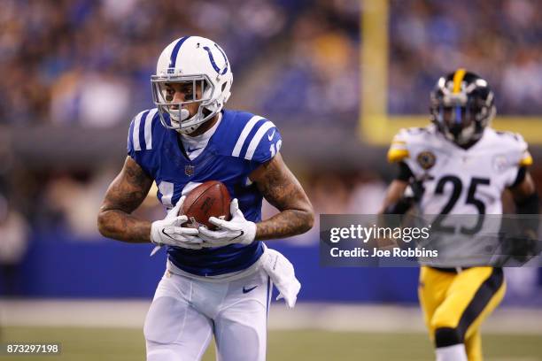 Donte Moncrief of the Indianapolis Colts catches a pass for a touchdown against the Pittsburgh Steelers during the second quarter at Lucas Oil...