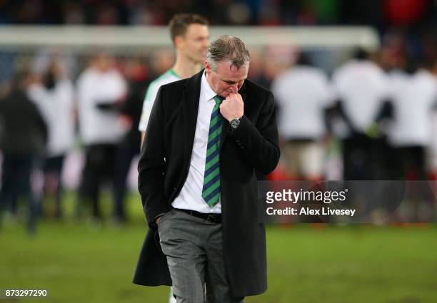 Michael O'Neill, Manager of Northern Ireland looks dejected following the FIFA 2018 World Cup Qualifier Play-Off: Second Leg between Switzerland and...