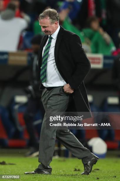 Michael ONeill head coach / manager of Northern Ireland dejected at full time during the FIFA 2018 World Cup Qualifier Play-Off: Second Leg between...
