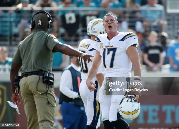 Philip Rivers of the Los Angeles Chargers reacts to a play in the first half of their game against the Jacksonville Jaguars at EverBank Field on...