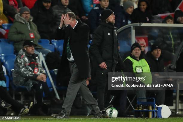 Michael ONeill head coach / manager of Northern Ireland reacts during the FIFA 2018 World Cup Qualifier Play-Off: Second Leg between Switzerland and...