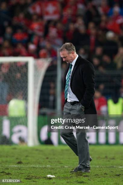 Northern Ireland's Manager Michael O'Neill looks dejected after the FIFA 2018 World Cup Qualifier Play-Off: Second Leg between Switzerland and...
