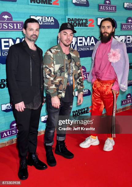 Tomo Milicevic, Shannon Leto and Jared Leto of Thirty Seconds to Mars attend the MTV EMAs 2017 held at The SSE Arena, Wembley on November 12, 2017 in...