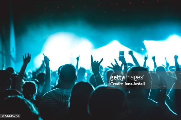 rock hands concert crowd silhouette - many hands in air stock pictures, royalty-free photos & images