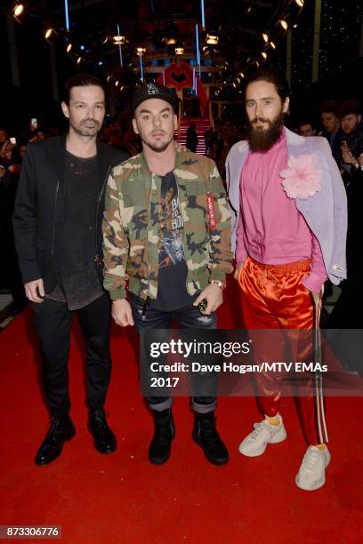 Tomo Milicevic, Shannon Leto and Jared Leto of Thirty Seconds to Mars attend the MTV EMAs 2017 held at The SSE Arena, Wembley on November 12, 2017 in...