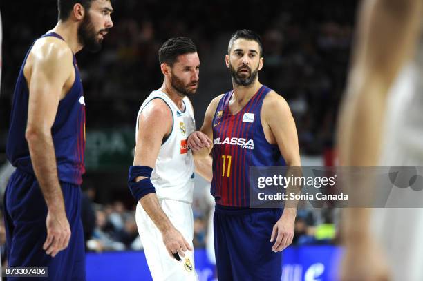 Juan Carlos Navarro, #11 guard of FC Barcelona Lassa and Rudy Fernandez, #5 guard of Real Madrid during the Liga Endesa game between Real Madrid and...