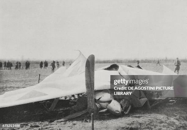 Austrian plane crashed by Italian forces after the failed raid on the cities of Veneto region on March 27 Italy, World War I, from L'Illustrazione...