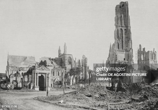The ruins of Halle des Drapiers and St Martin's Cathedral in Ypres after the clashes between allies and Germans, Belgium, World War I, from...