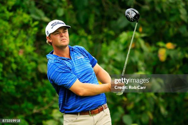 Patton Kizzire of the United States plays his shot from the seventh tee during the final round of the OHL Classic at Mayakoba on November 12, 2017 in...