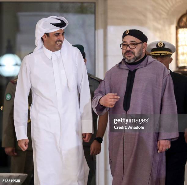 King of Morocco Mohammed VI is welcomed by Emir of Qatar Sheikh Tamim bin Hamad Al Thani with an official ceremony during his official visit in Doha,...