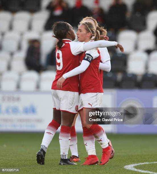 Jordan Nobbs celebrates scoring Arsenal's 3rd goal with Danielle Carter during the WSL match between Arsenal Women and Sunderland on November 12,...