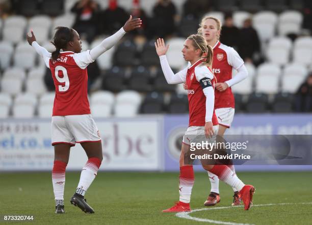 Jordan Nobbs celebrates scoring Arsenal's 3rd goal with Danielle Carter during the WSL match between Arsenal Women and Sunderland on November 12,...