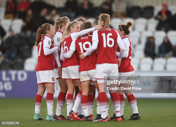 Jordan Nobbs celebrates scoring Arsenal's 3rd goal with her team mates during the WSL match between Arsenal Women and Sunderland on November 12, 2017...