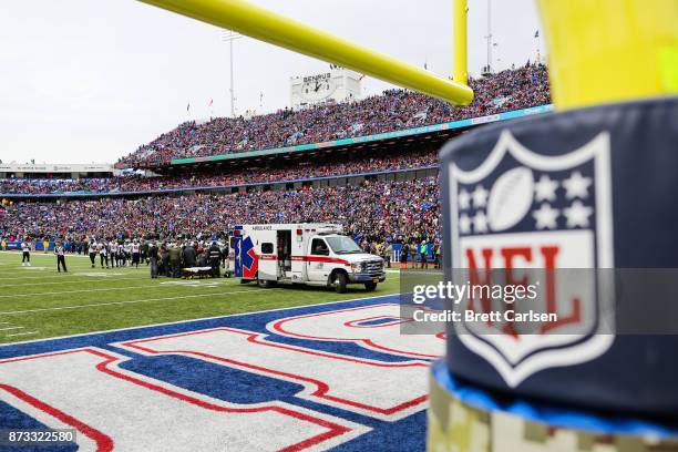 Daniel Lasco of the New Orleans Saints is leaded into an ambulance during the second quarter against the Buffalo Bills on November 12, 2017 at New...