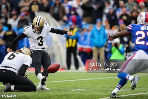 Wil Lutz of the New Orleans Saints attempts to kick a field goal during the second quarter against the Buffalo Bills on November 12, 2017 at New Era...