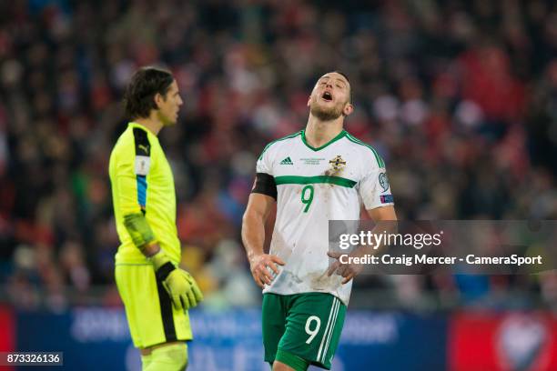 Northern Ireland's Conor Washington reacts after a missed chance during the FIFA 2018 World Cup Qualifier Play-Off: Second Leg between Switzerland...