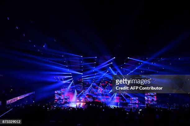 British grime and hip hop artist Stormzy performs during the 2017 MTV Europe Music Awards at Wembley Arena in London on November 12, 2017. / AFP...